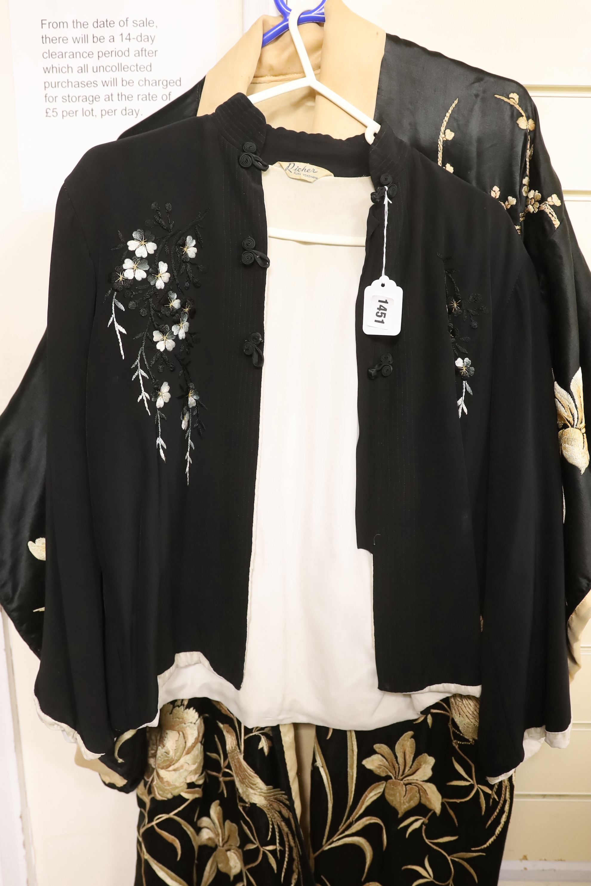 A silk embroidered kimono, a Chinese embroidered jacket and a Japanese embroidered jacket